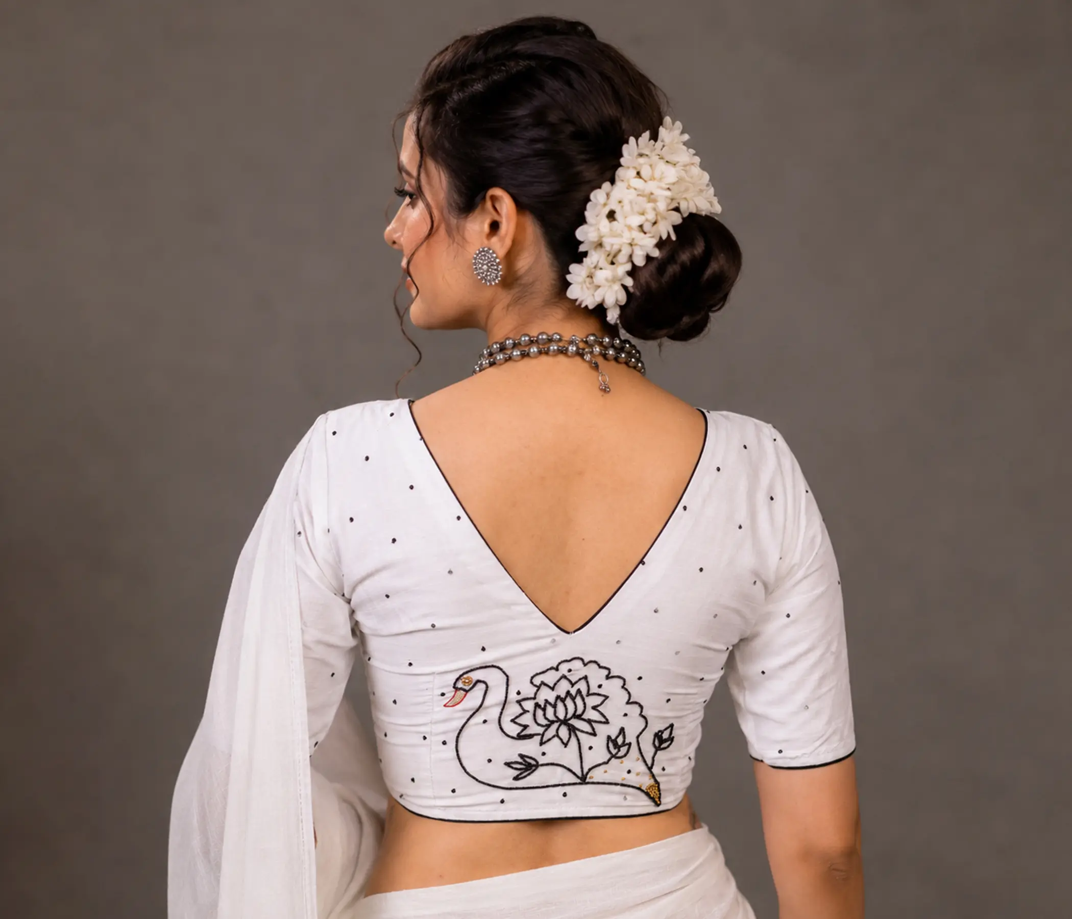 Pristine White Blouse Back Design with Hand-Embellished Art